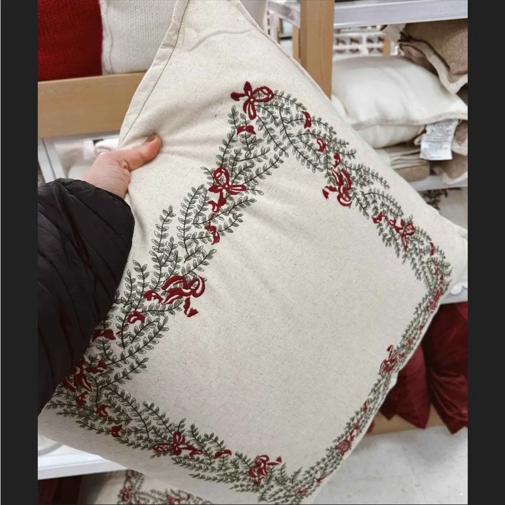 NWT Natural Embroidered Green and‎ Bows Pillow - 24 x 24” STUDIO MCGEE